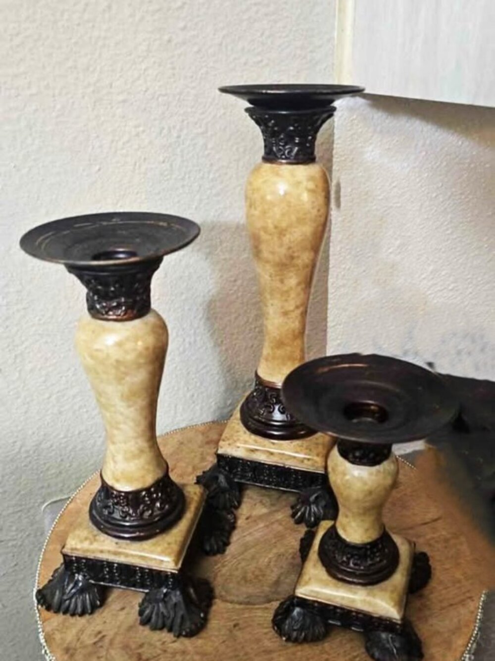 Set of 3 Vintage Marble Bronze Candle Holders
